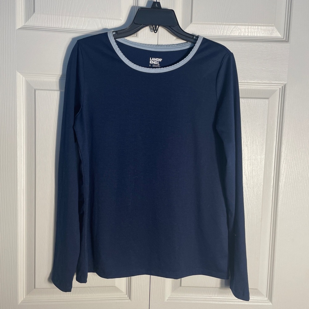Lands End T Shirt Women S Navy Blue Long Sleeve Contrasting Trim‎ Layering Top